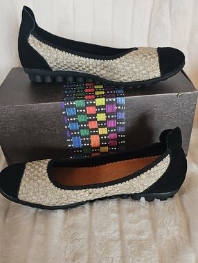 bernie mev. Gold Woven Ballet Flats with Black Trim